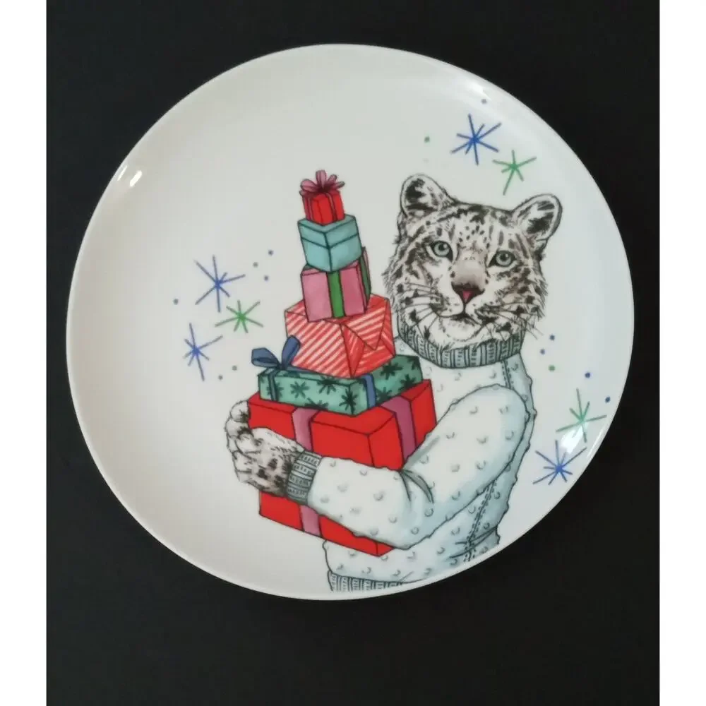 West Elm Rachel Kozlowski Dapper Animal Winter Leopard Cat Plate Salad Dessert